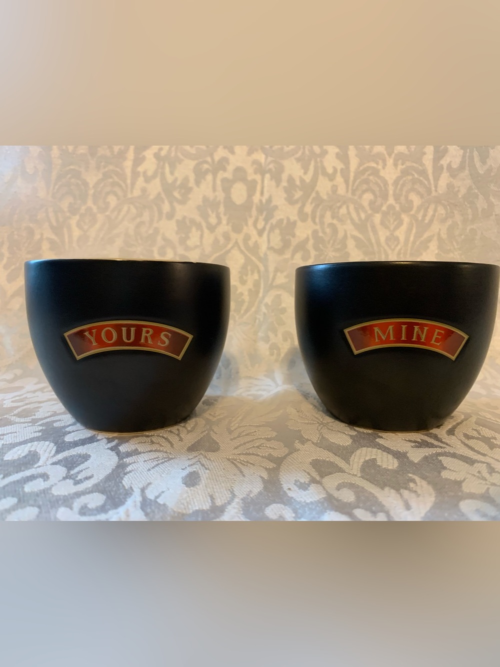 Baileys Yours and Mine Ceramic Mugs with Red and Gold Label - Set of 2